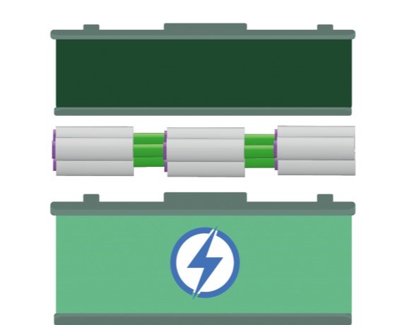 Diagram of a car battery with its cover removed, showing internal batteries and connection points.