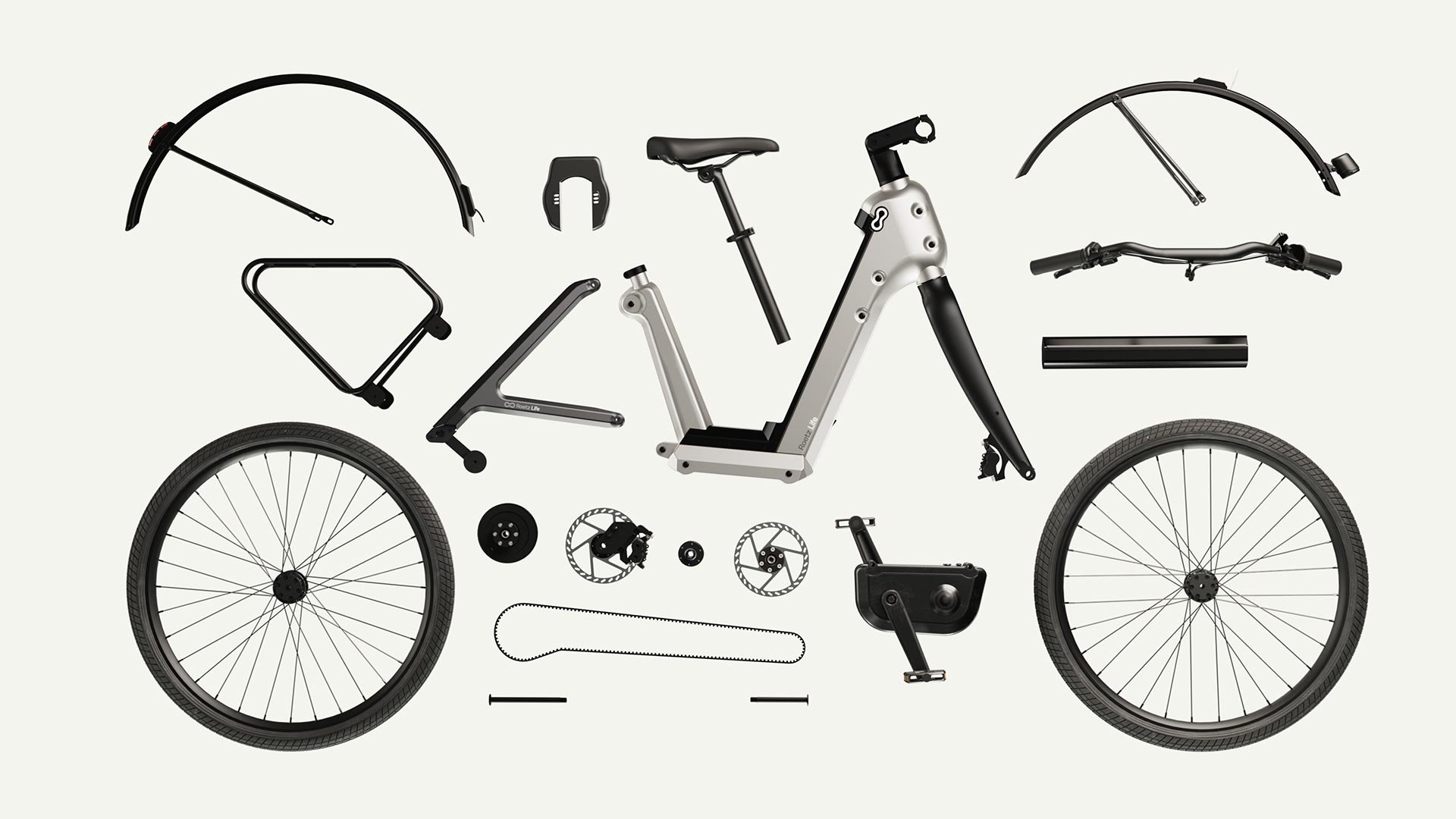 Disassembled electric bicycle with wheels, frame, handlebar, seat, and various components laid out on a light background.