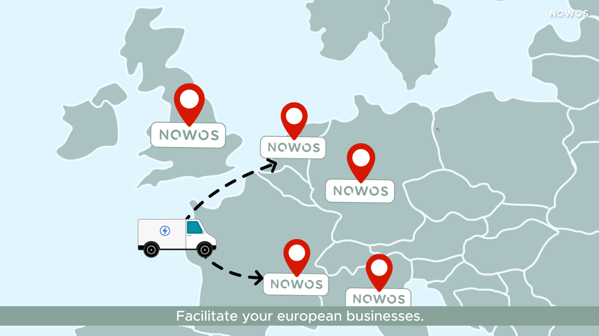 A map showing delivery routes from a delivery truck to various locations marked with red pins in Europe. The map includes a banner with the text 'Facilitate your european businesses.'