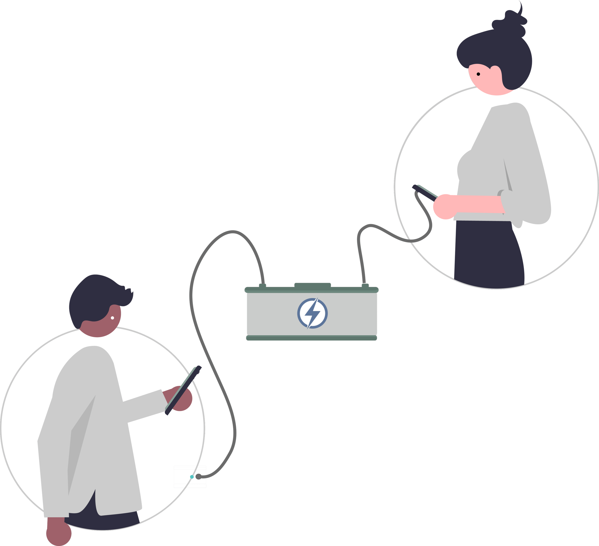 Two people with smartphones connected to a large battery, illustrating wireless charging technology.