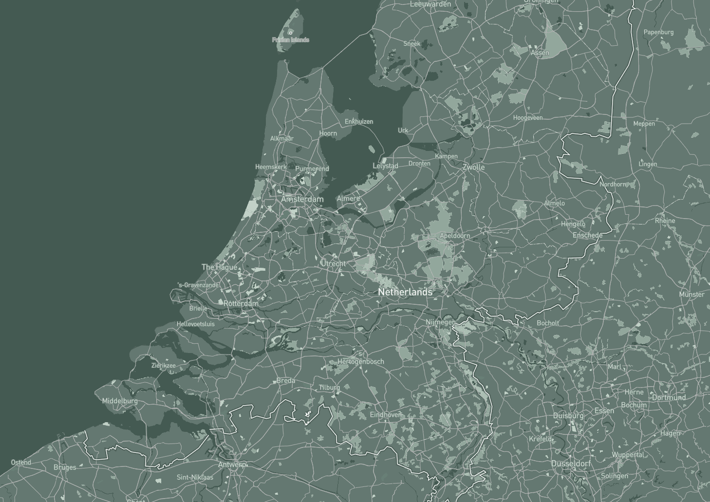 Map of the Netherlands and surrounding regions, showing cities, waterways, and borders.