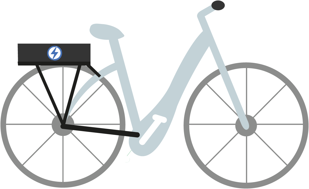 An illustration of an electric bicycle with a battery mounted on the rear rack.