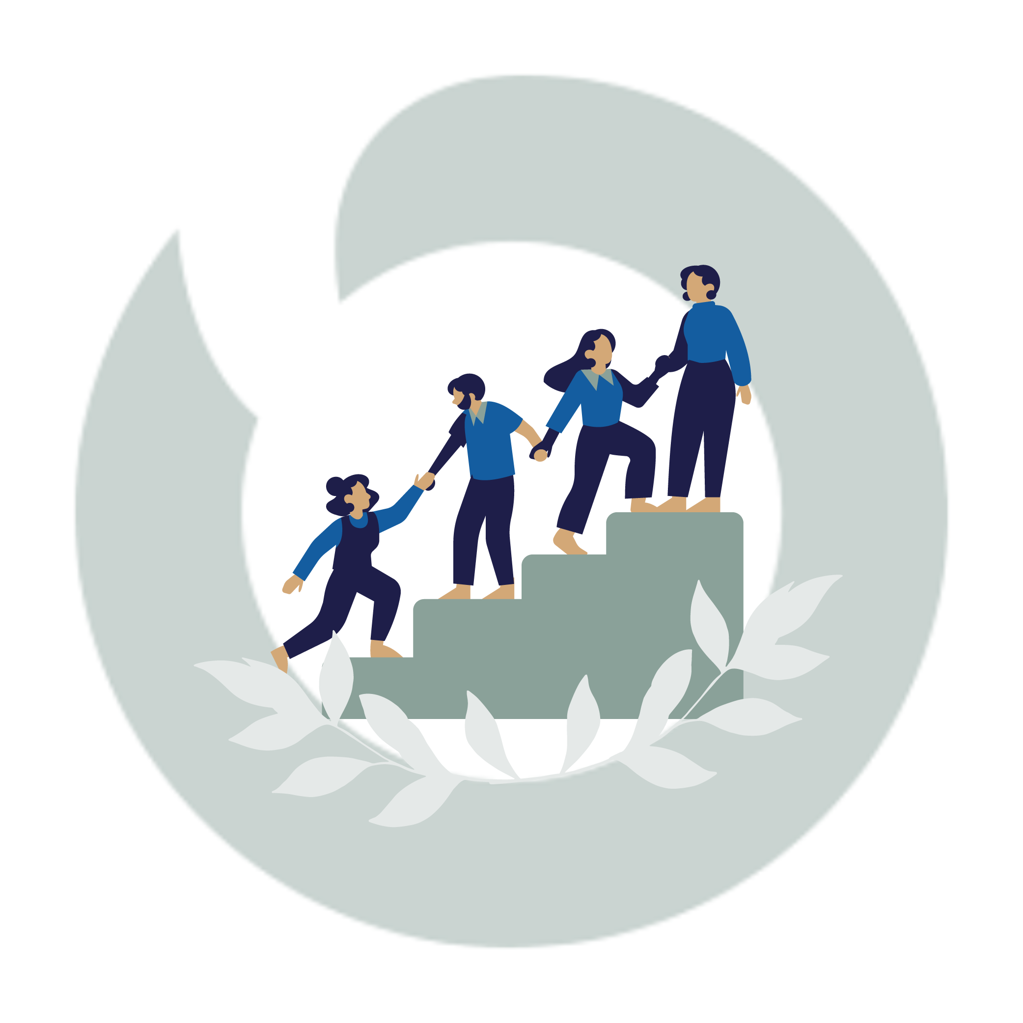 Illustration of four people helping each other climb a staircase, symbolizing teamwork and support, with a circular leaf design in the background.