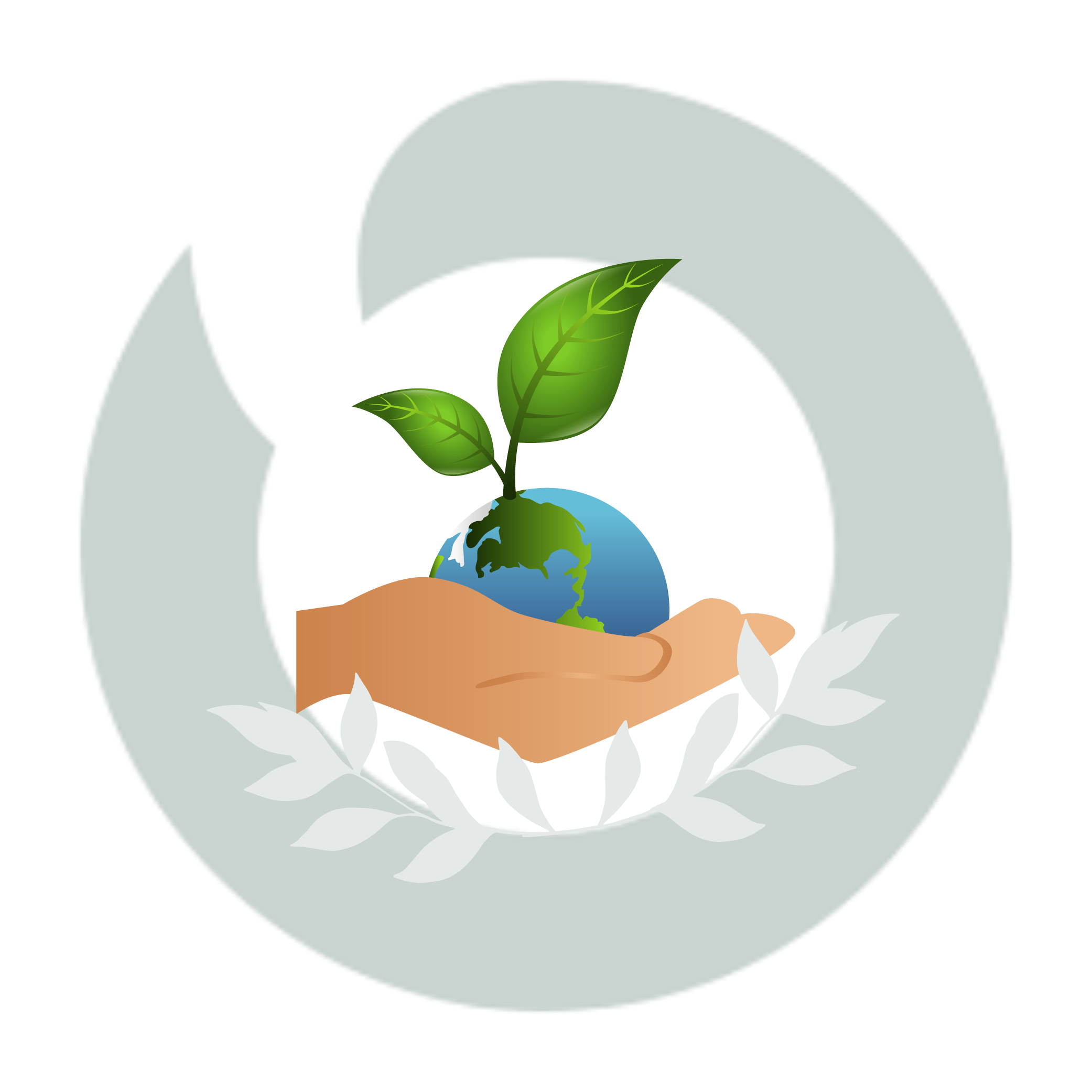 An illustration of a hand holding the Earth, with a green plant growing from it, surrounded by a white laurel wreath and a gray circular arrow in the background.
