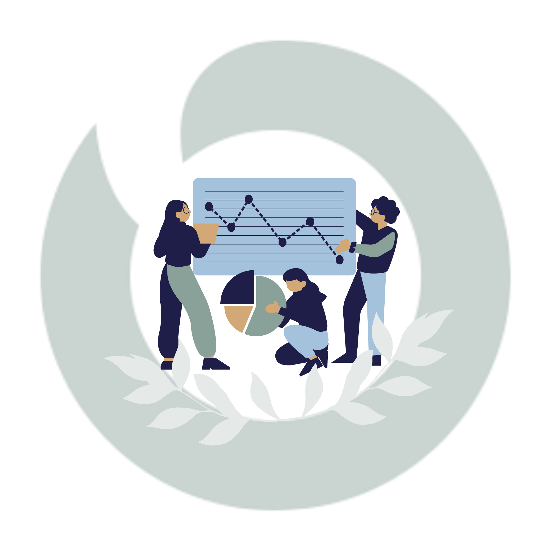 Three people presenting data charts and graphs, including a line graph and a pie chart, against a circular gray background with leaf motifs.