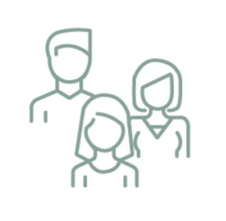 Line drawing of three people, two women and one man, standing together.