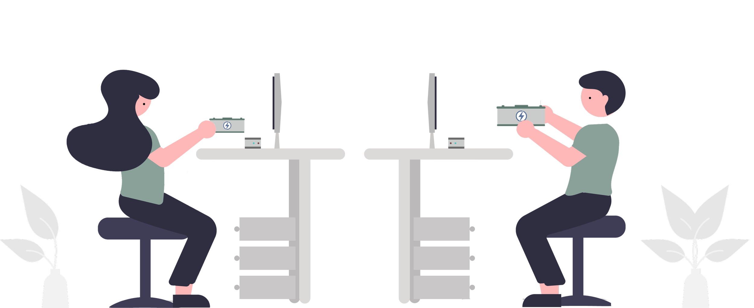 Two people sitting at desks, each holding a battery with a lightning bolt symbol, facing screens on their computers, in a minimalistic office setting with potted plants.